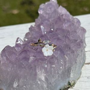 Crystal Copper flower leaf Adjustable Open Ring